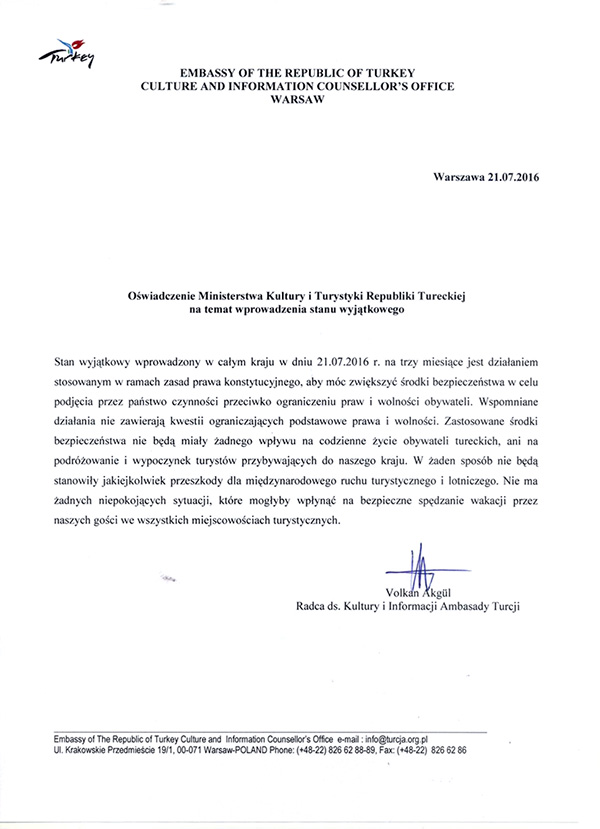 Oświadczenie Ministerstwa Kultury i Turystyki Republiki Tureckiej